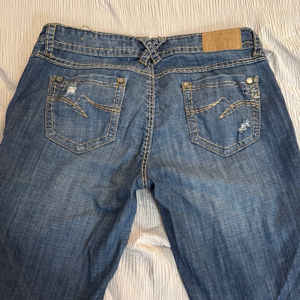 Medium Wash Blue Straight Leg Jeans with Distressing - Picture 6 of 7